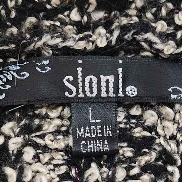 Sioni Black and Gray Boucle Trimmed in Faux Leather Chunky Sweater Cardigan Sz L - Picture 14 of 16